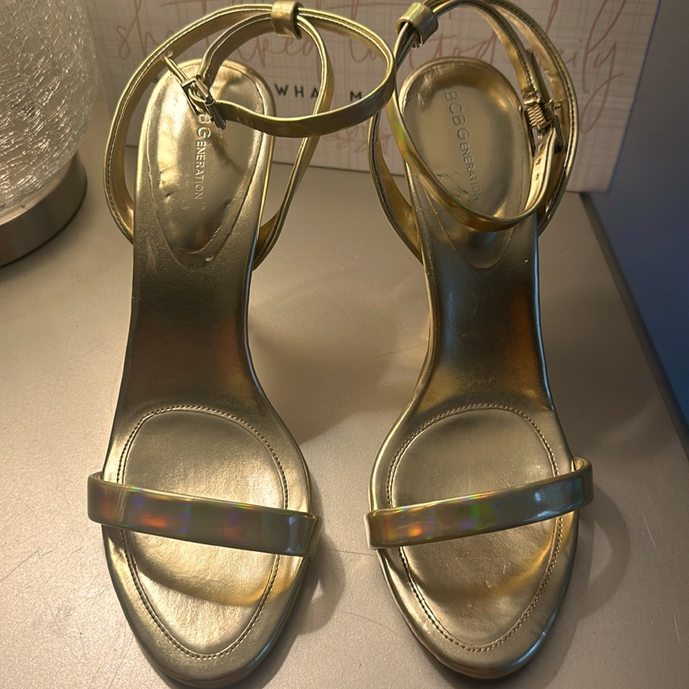 BCBG Gold Chrome-Like Sandal heels. Size 9_
